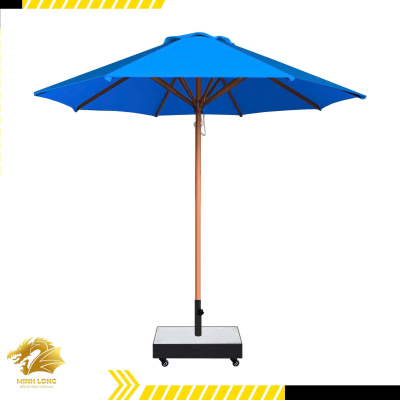 Dù gỗ sân vườn màu xanh biển, dù gỗ đúng tâm đế vuông có bánh xe khoá ( đường kính 2,5m và 3m )