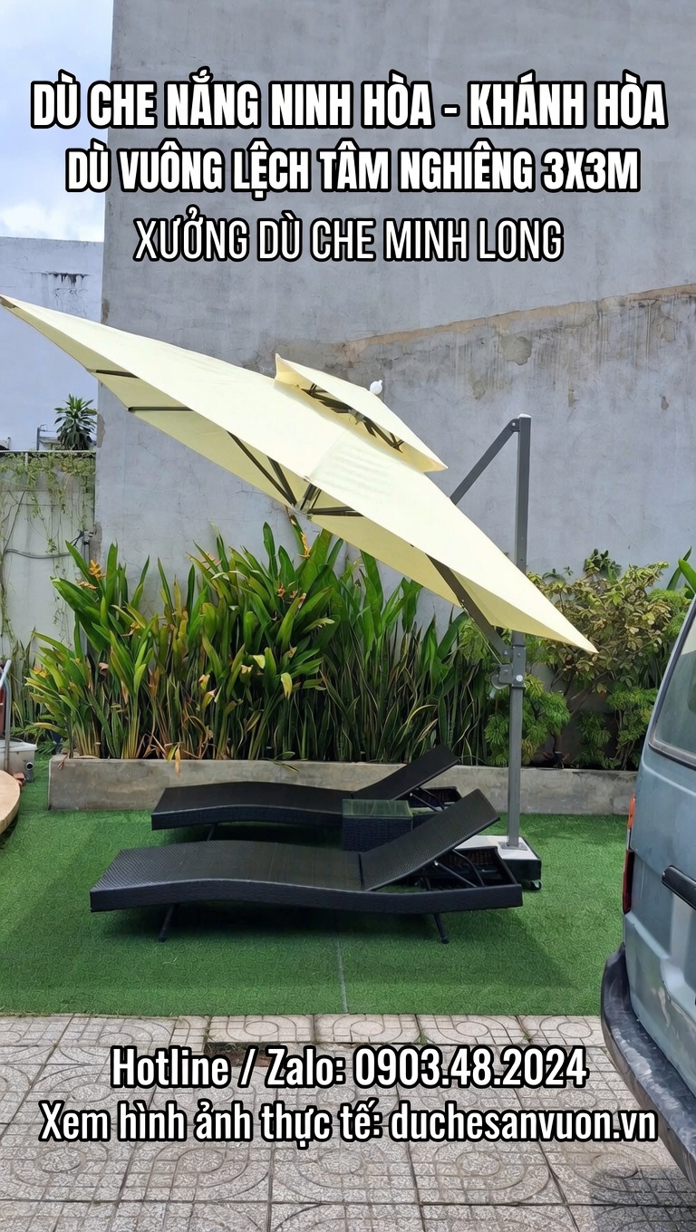 Dù che nắng tại Ninh Hoà - mẫu dù vuông lệch tâm 3x3m nghiêng